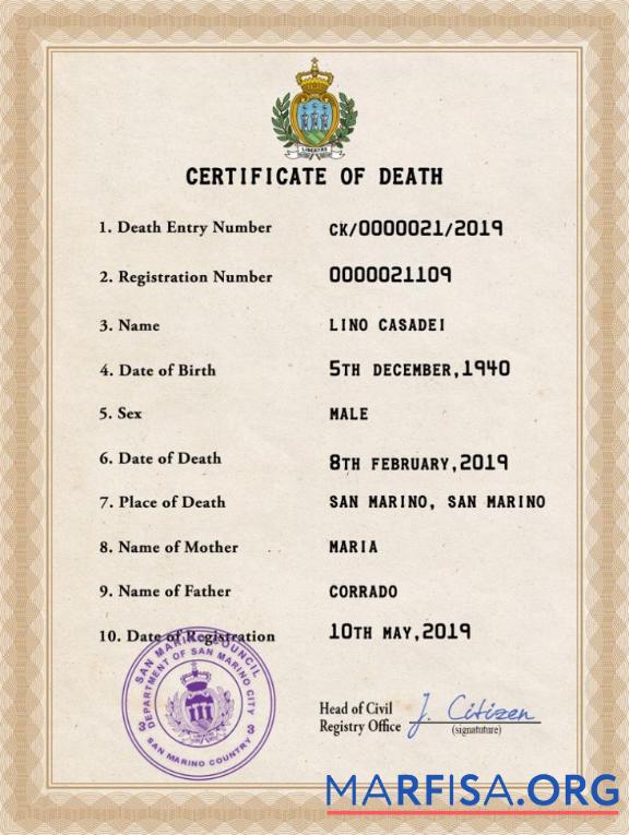 Blank San Marino vital record death certificate PSD template